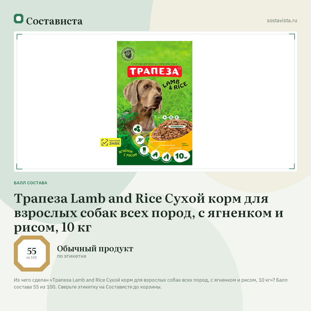 Трапеза Lamb and Rice Сухой корм для взрослых собак всех пород, с ягненком и рисом, 10 кг: балл состава 55 из 100 — Состависта
