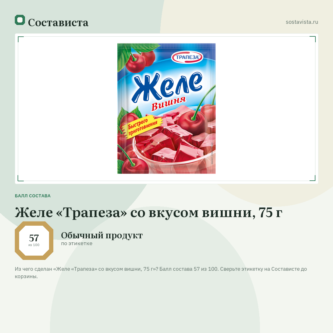 Желе «Трапеза» со вкусом вишни, 75 г: балл состава 57 из 100 — Состависта
