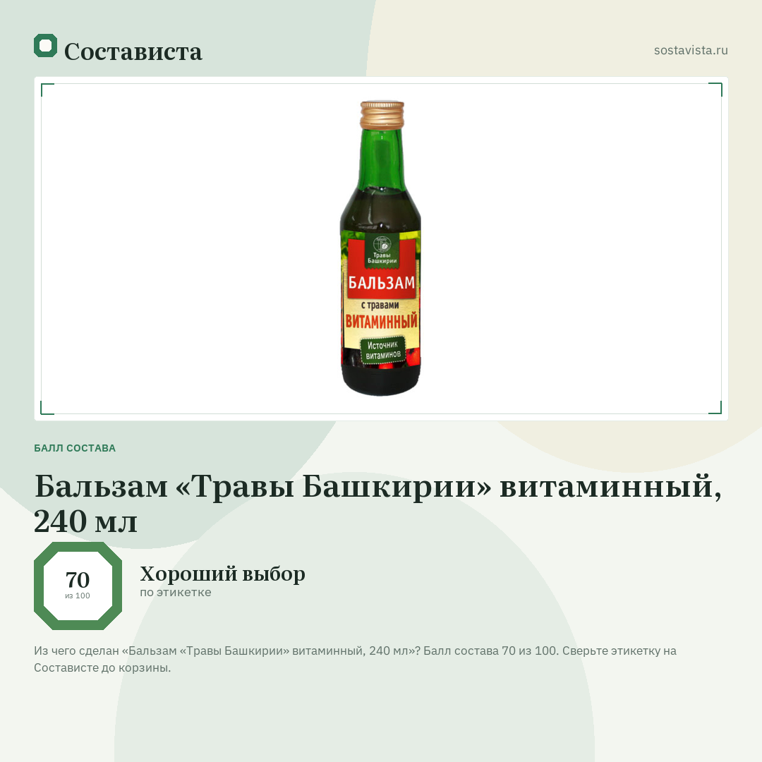 Бальзам «Травы Башкирии» витаминный, 240 мл: балл состава 70 из 100 — Состависта