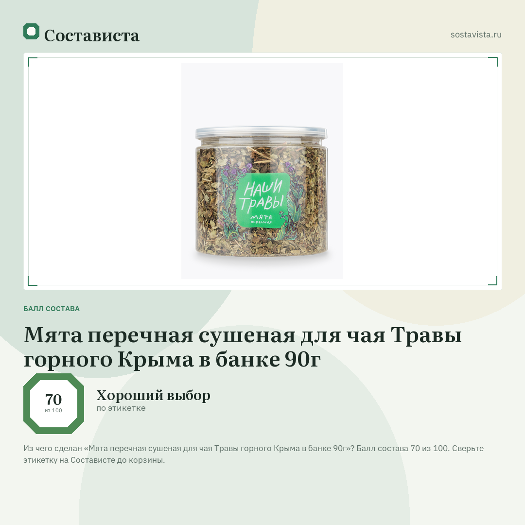 Мята перечная сушеная для чая Травы горного Крыма в банке 90г: балл состава 70 из 100 — Состависта