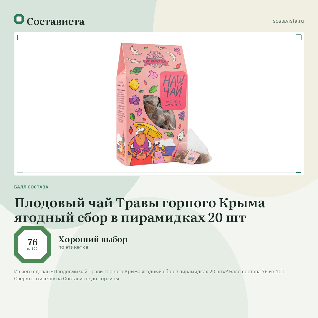 Плодовый чай Травы горного Крыма ягодный сбор в пирамидках 20 шт: балл состава 76 из 100 — Состависта