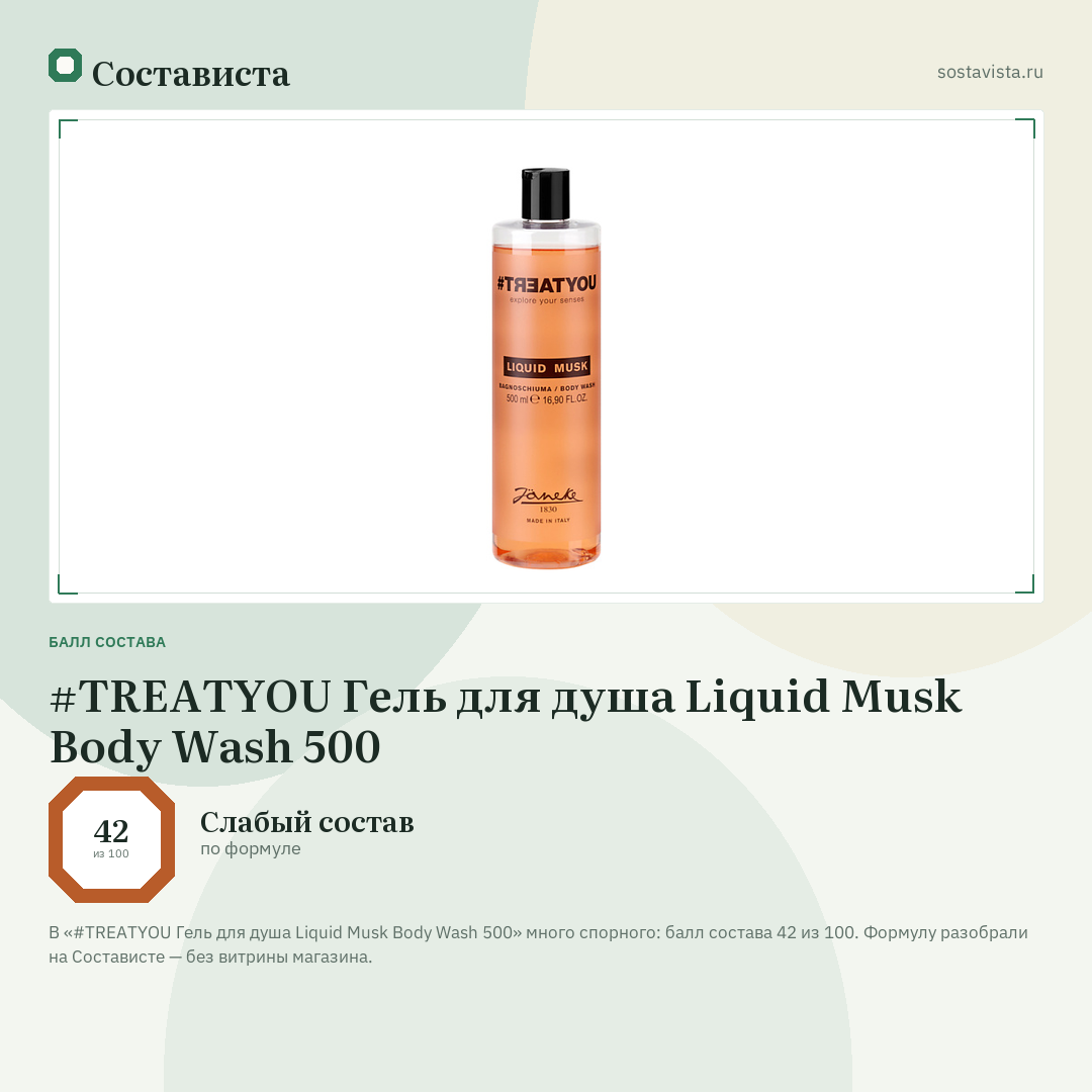 #TREATYOU Гель для душа Liquid Musk Body Wash 500: балл состава 42 из 100 — Состависта