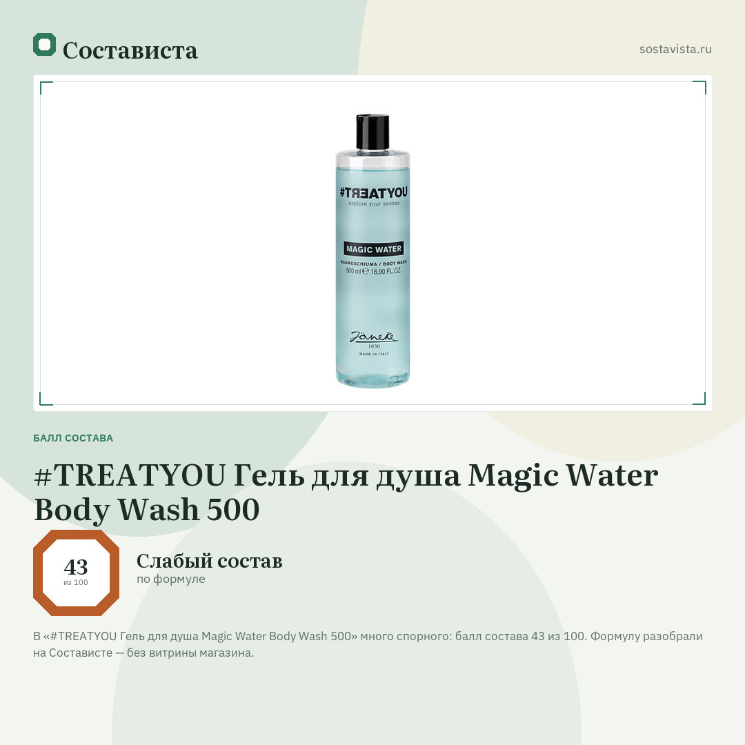 #TREATYOU Гель для душа Magic Water Body Wash 500: балл состава 43 из 100 — Состависта