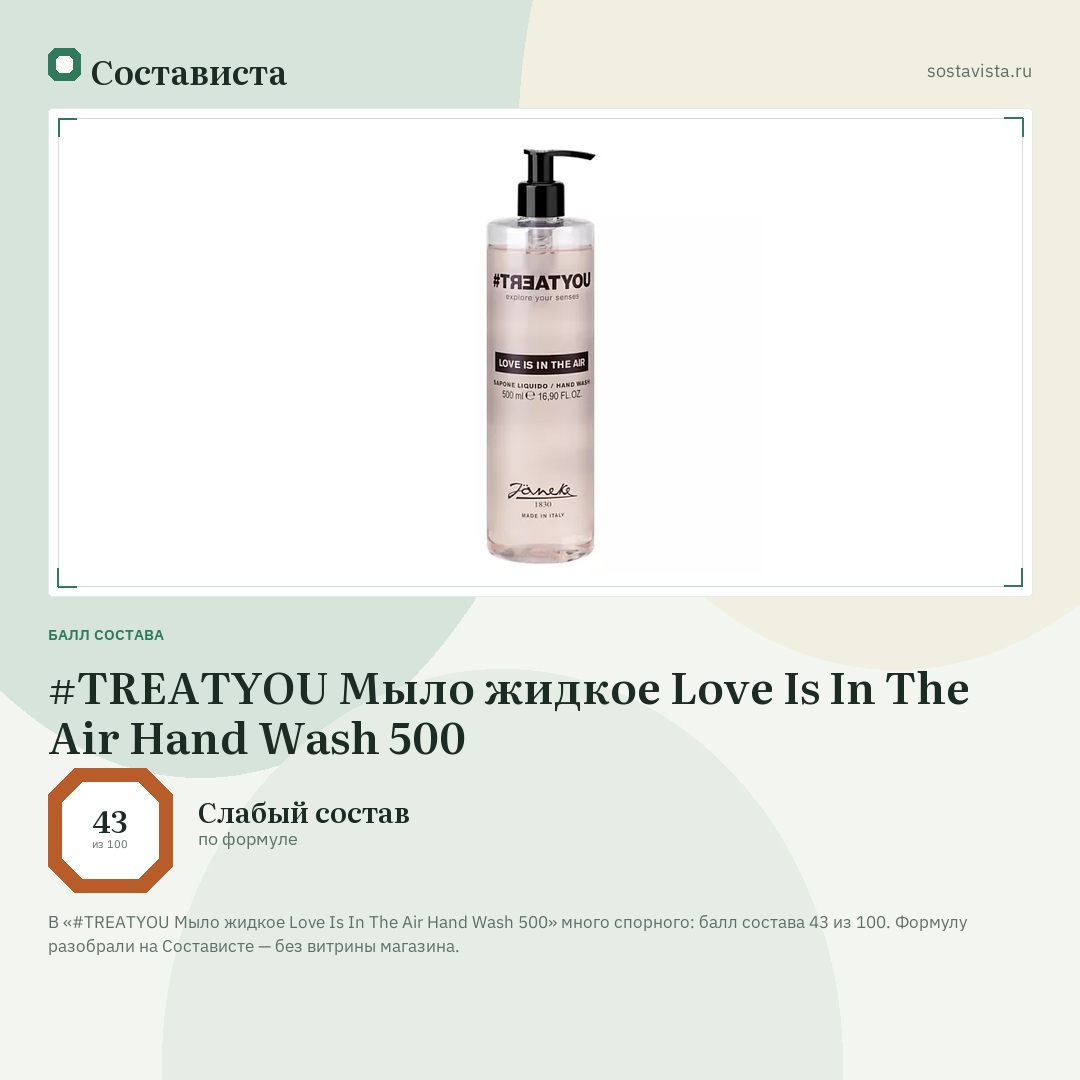 #TREATYOU Мыло жидкое Love Is In The Air Hand Wash 500: балл состава 43 из 100 — Состависта