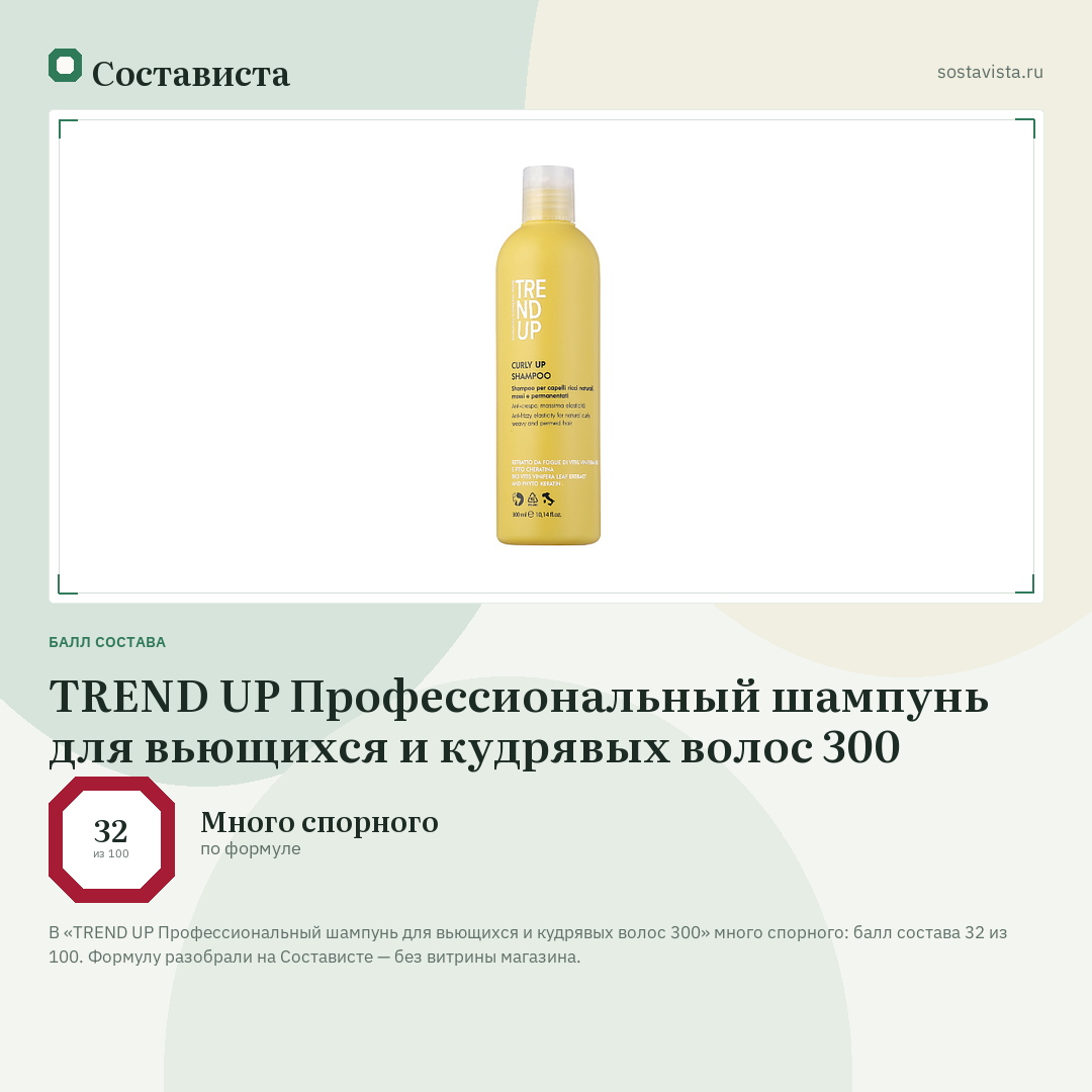 TREND UP Профессиональный шампунь для вьющихся и кудрявых волос 300: балл состава 32 из 100 — Состависта