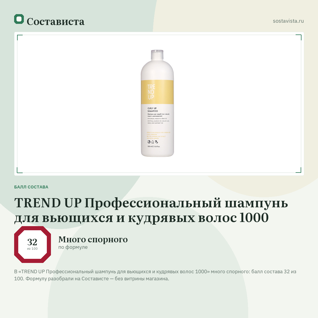 TREND UP Профессиональный шампунь для вьющихся и кудрявых волос 1000: балл состава 32 из 100 — Состависта