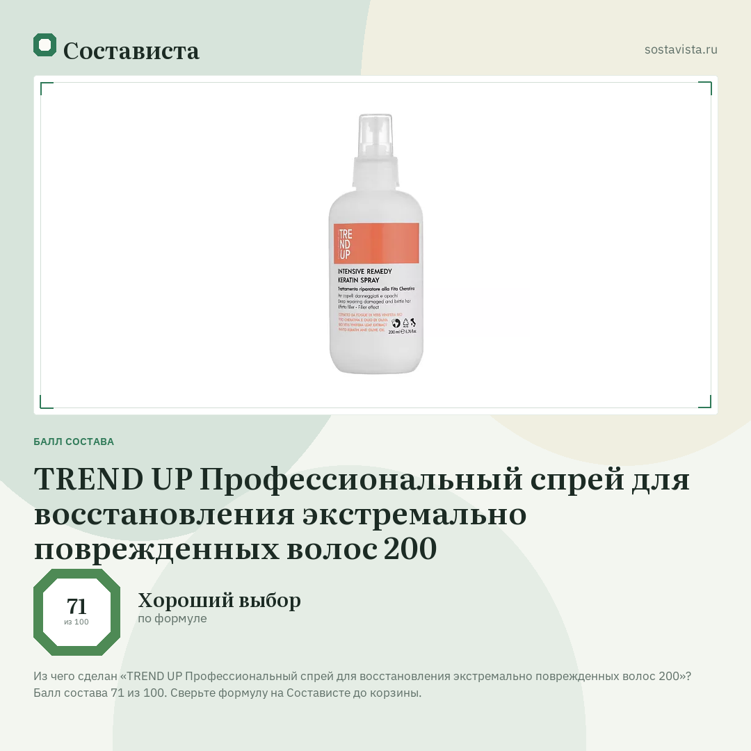 TREND UP Профессиональный спрей для восстановления экстремально поврежденных волос 200: балл состава 71 из 100 — Состависта