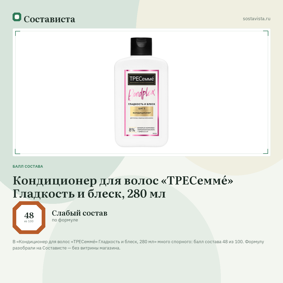 Кондиционер для волос «ТРЕСеммé» Гладкость и блеск, 280 мл: балл состава 48 из 100 — Состависта