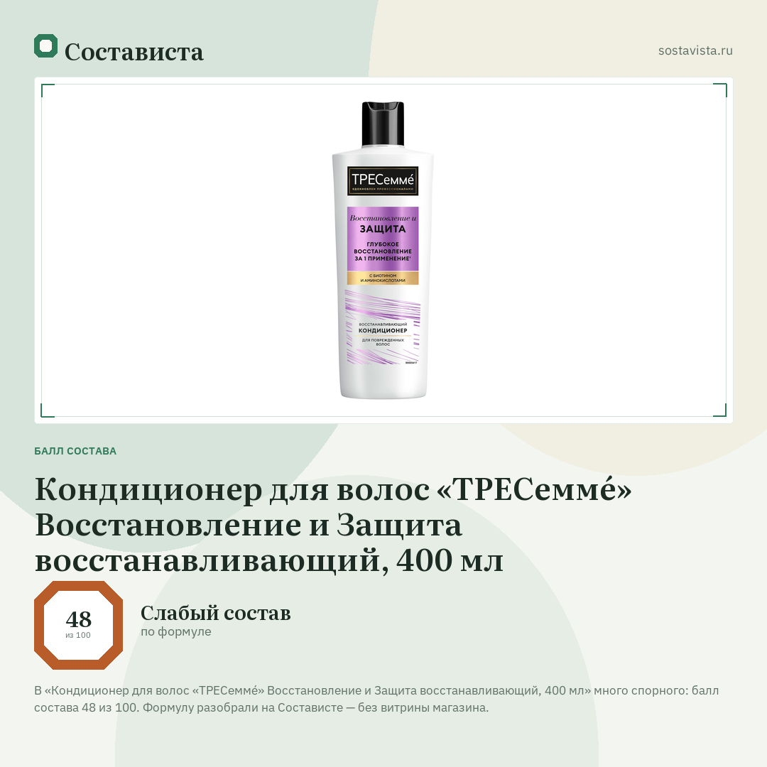 Кондиционер для волос «ТРЕСеммé» Восстановление и Защита восстанавливающий, 400 мл: балл состава 48 из 100 — Состависта