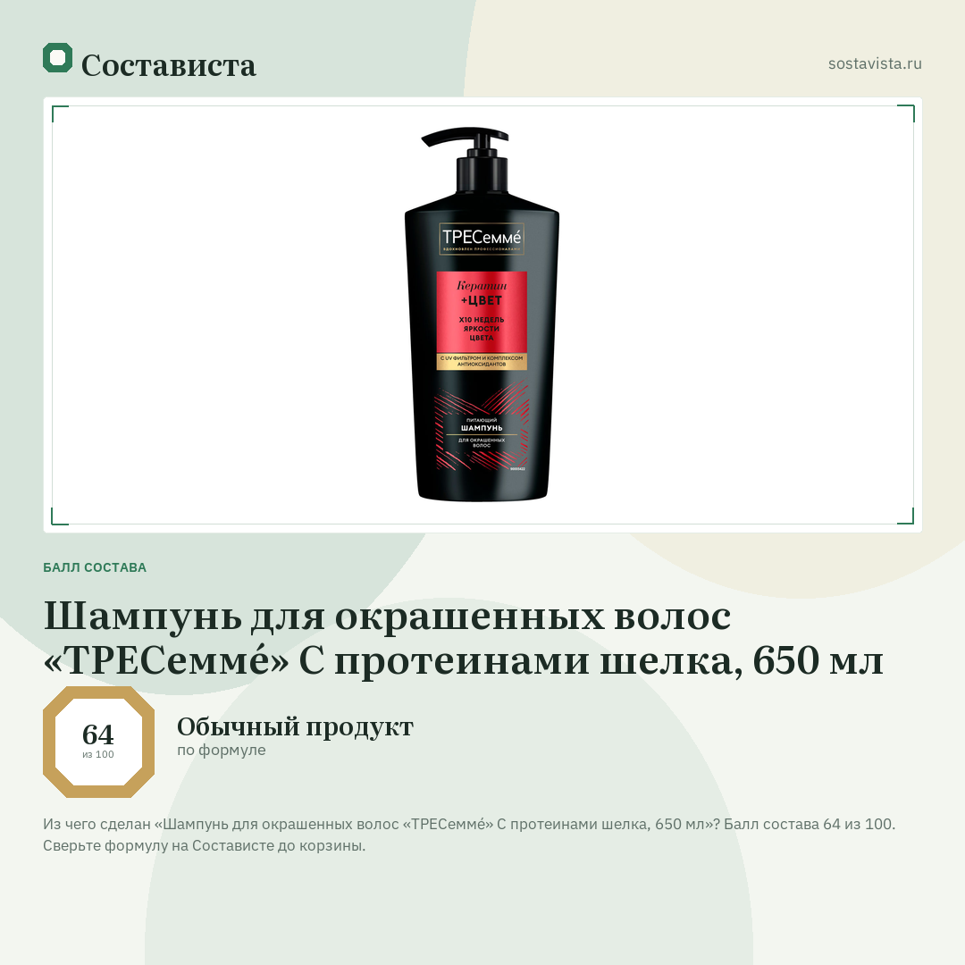 Шампунь для окрашенных волос «ТРЕСеммé» С протеинами шелка, 650 мл: балл состава 64 из 100 — Состависта