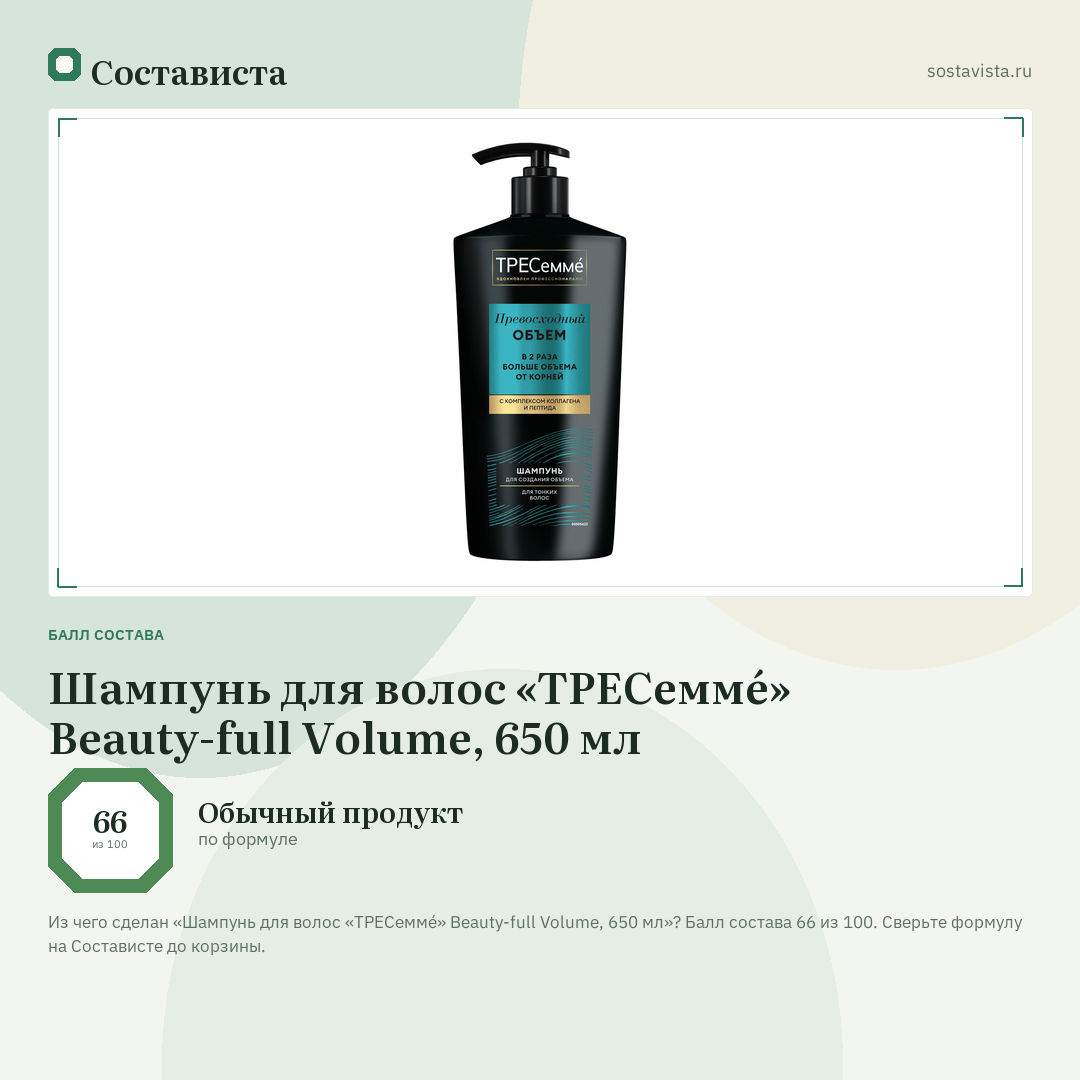 Шампунь для волос «ТРЕСеммé» Beauty-full Volume, 650 мл: балл состава 66 из 100 — Состависта