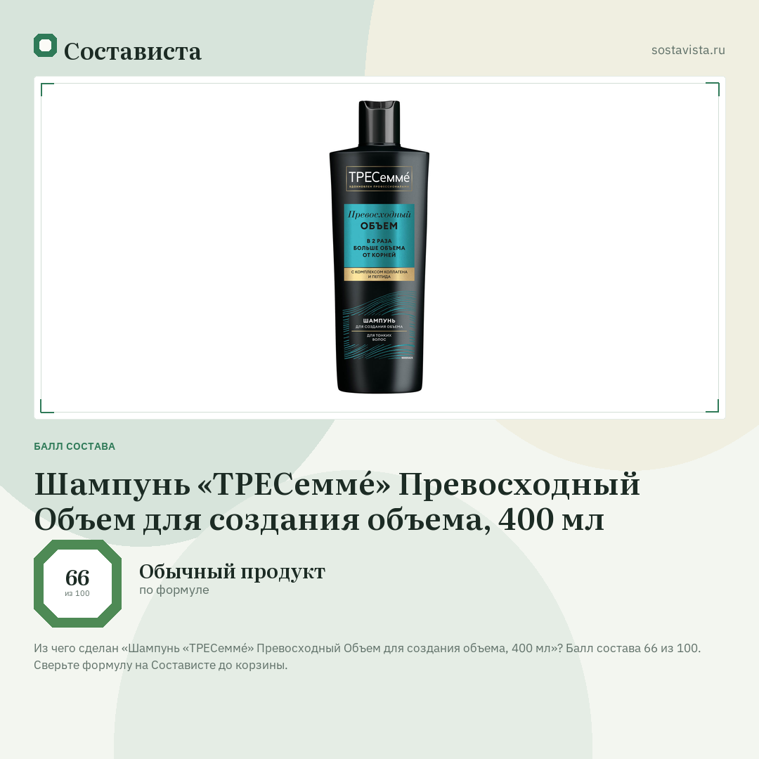 Шампунь «ТРЕСеммé» Превосходный Объем для создания объема, 400 мл: балл состава 66 из 100 — Состависта