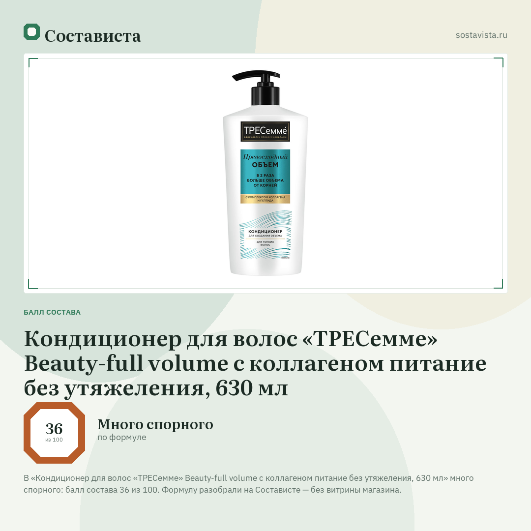 Кондиционер для волос «ТРЕСемме» Beauty-full volume с коллагеном питание без утяжеления, 630 мл: балл состава 36 из 100 — Состависта