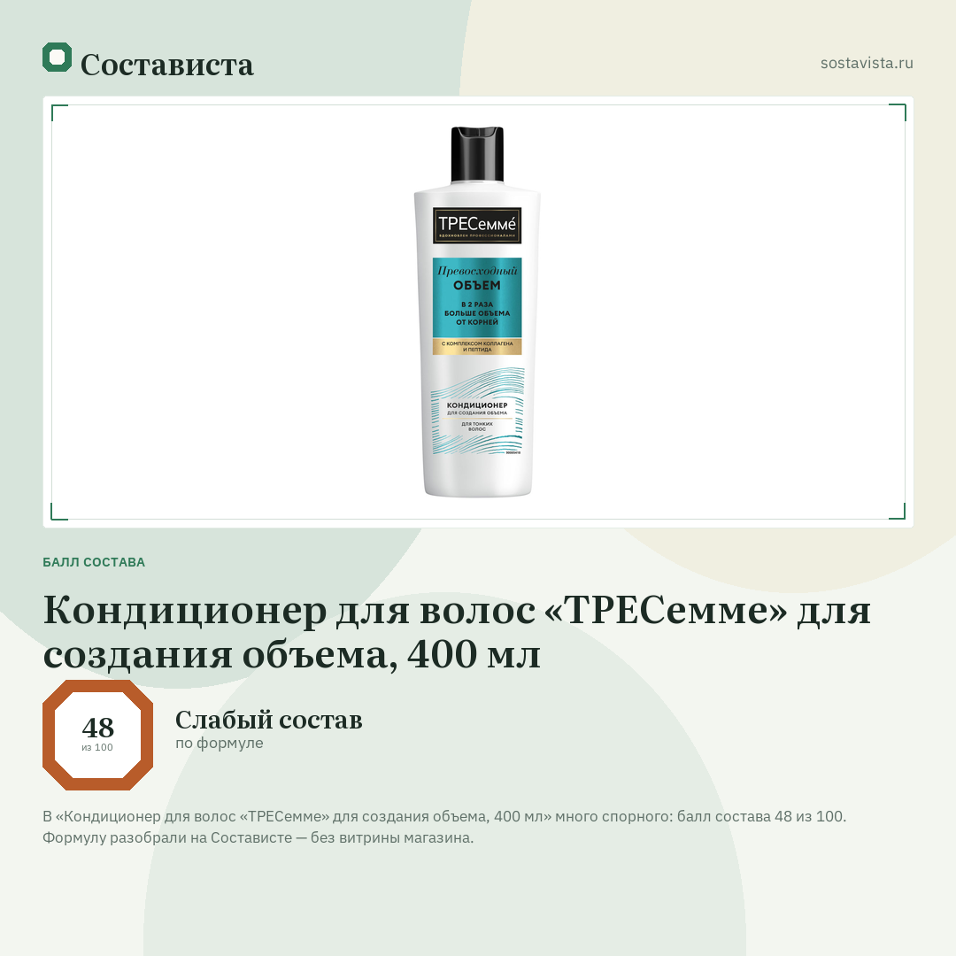 Кондиционер для волос «ТРЕСемме» для создания объема, 400 мл: балл состава 48 из 100 — Состависта