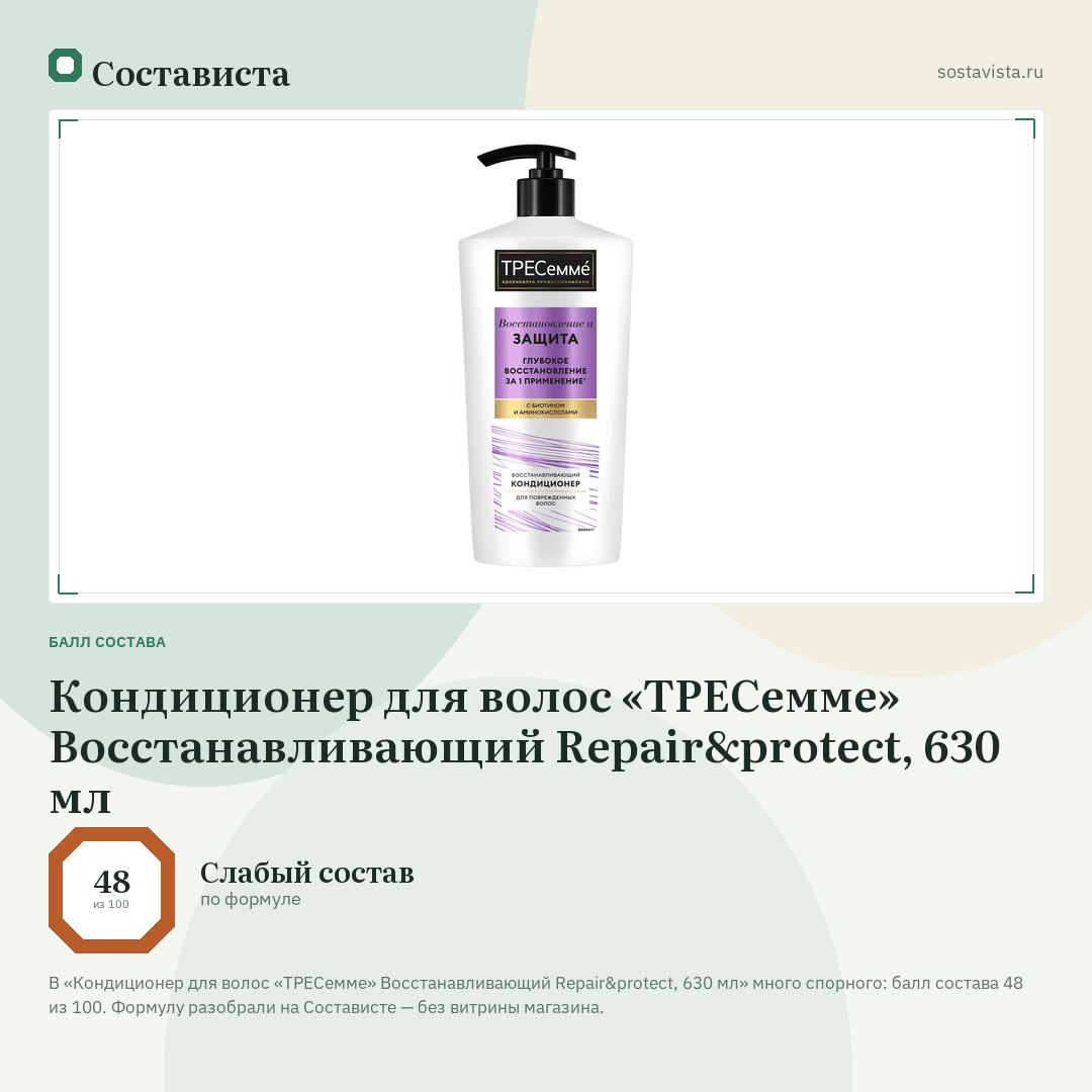 Кондиционер для волос «ТРЕСемме» Восстанавливающий Repair&protect, 630 мл: балл состава 48 из 100 — Состависта