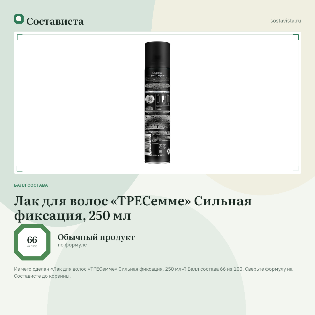 Лак для волос «ТРЕСемме» Сильная фиксация, 250 мл: балл состава 66 из 100 — Состависта