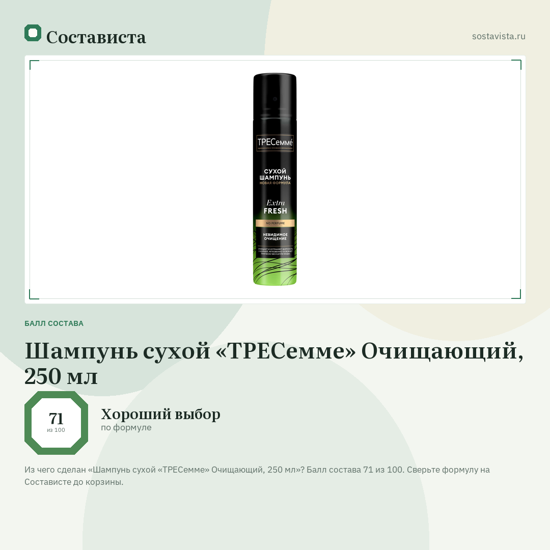 Шампунь сухой «ТРЕСемме» Очищающий, 250 мл: балл состава 71 из 100 — Состависта