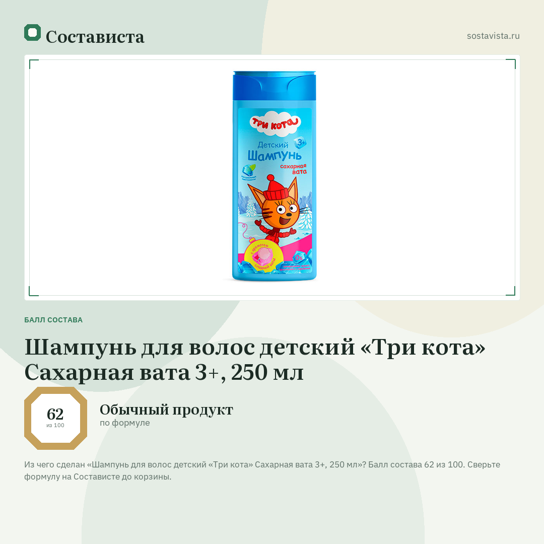 Шампунь для волос детский «Три кота» Сахарная вата 3+, 250 мл: балл состава 62 из 100 — Состависта