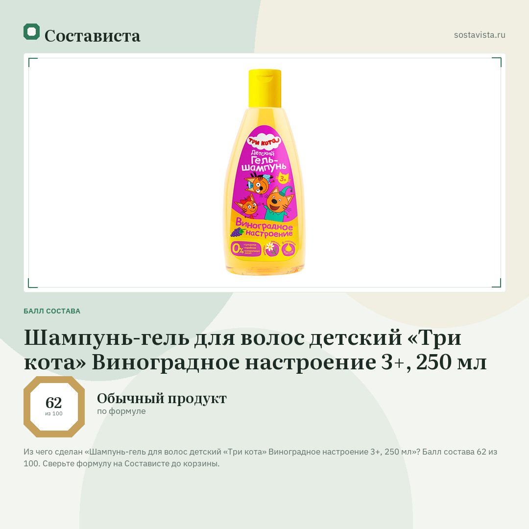 Шампунь-гель для волос детский «Три кота» Виноградное настроение 3+, 250 мл: балл состава 62 из 100 — Состависта
