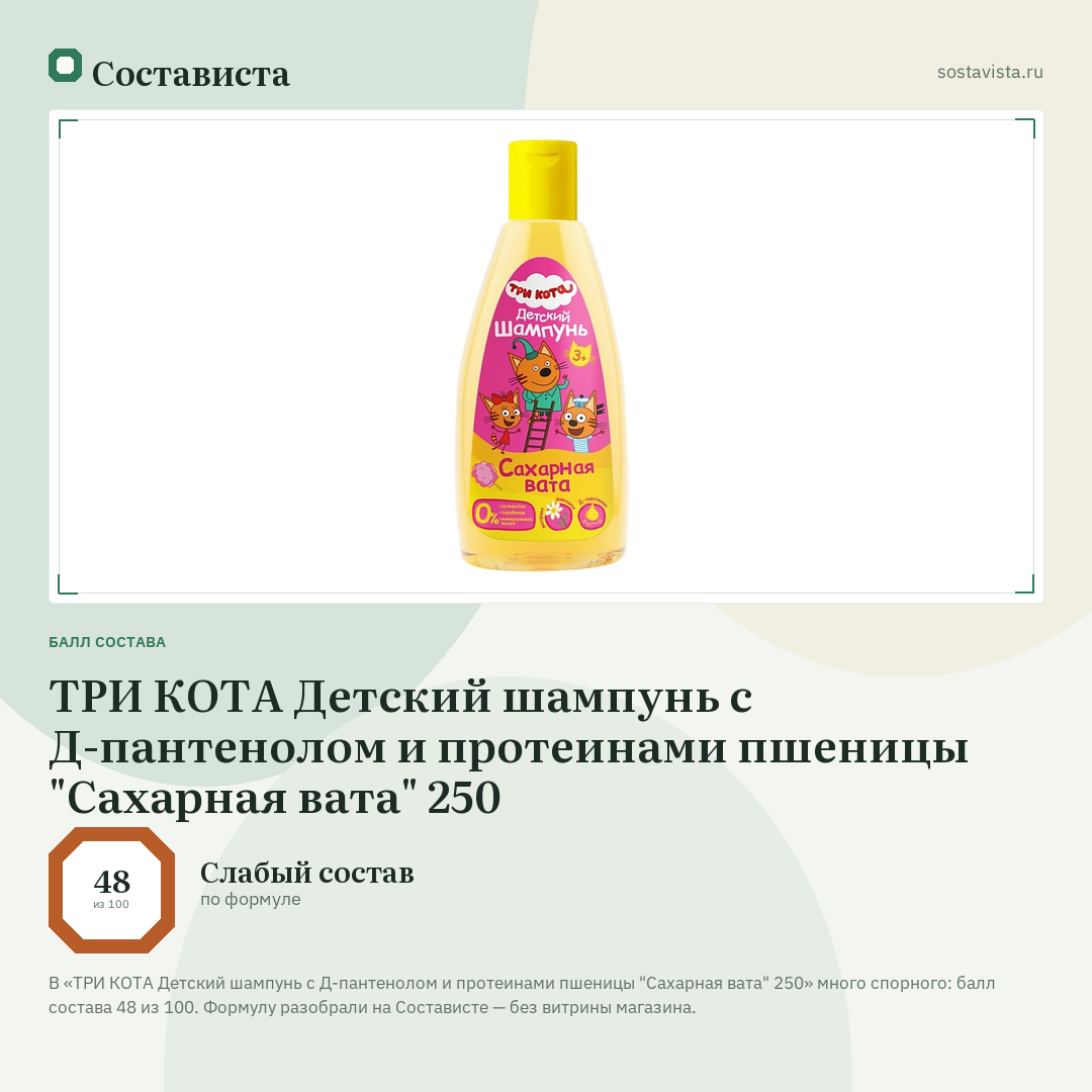 ТРИ КОТА Детский шампунь с Д-пантенолом и протеинами пшеницы "Сахарная вата" 250: балл состава 48 из 100 — Состависта