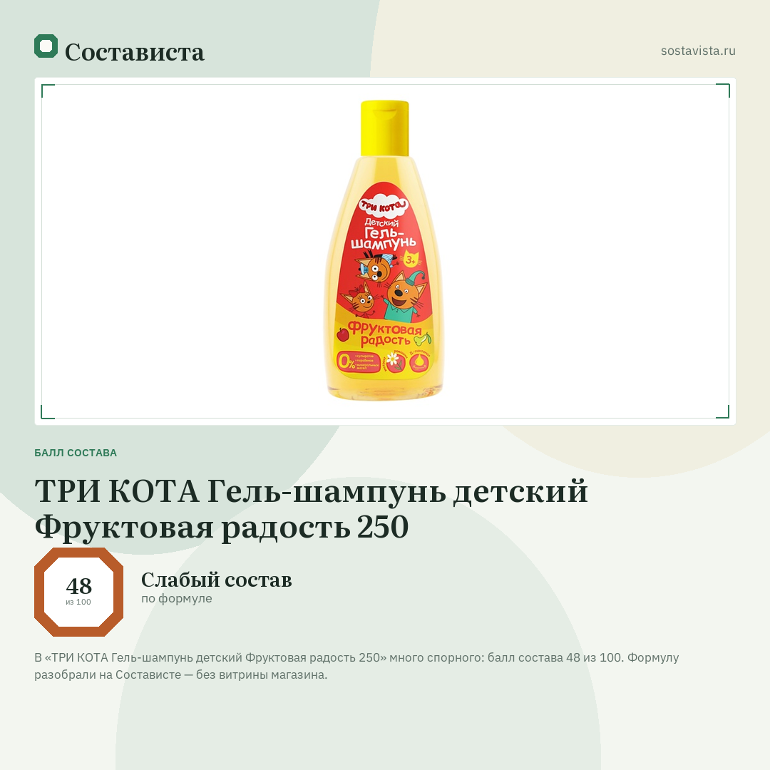 ТРИ КОТА Гель-шампунь детский Фруктовая радость 250: балл состава 48 из 100 — Состависта