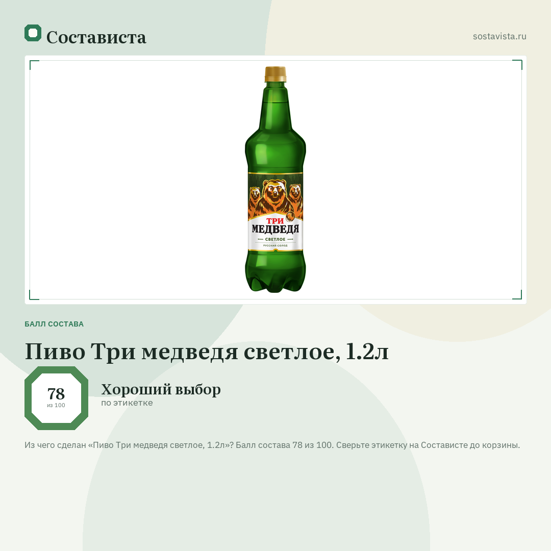 Пиво Три медведя светлое, 1.2л: балл состава 78 из 100 — Состависта
