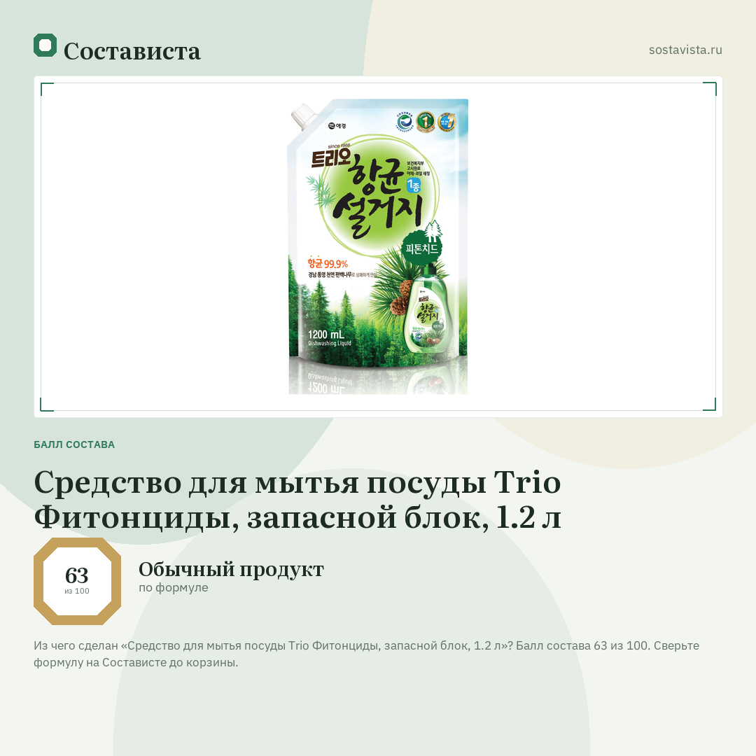 Средство для мытья посуды Trio Фитонциды, запасной блок, 1.2 л: балл состава 63 из 100 — Состависта