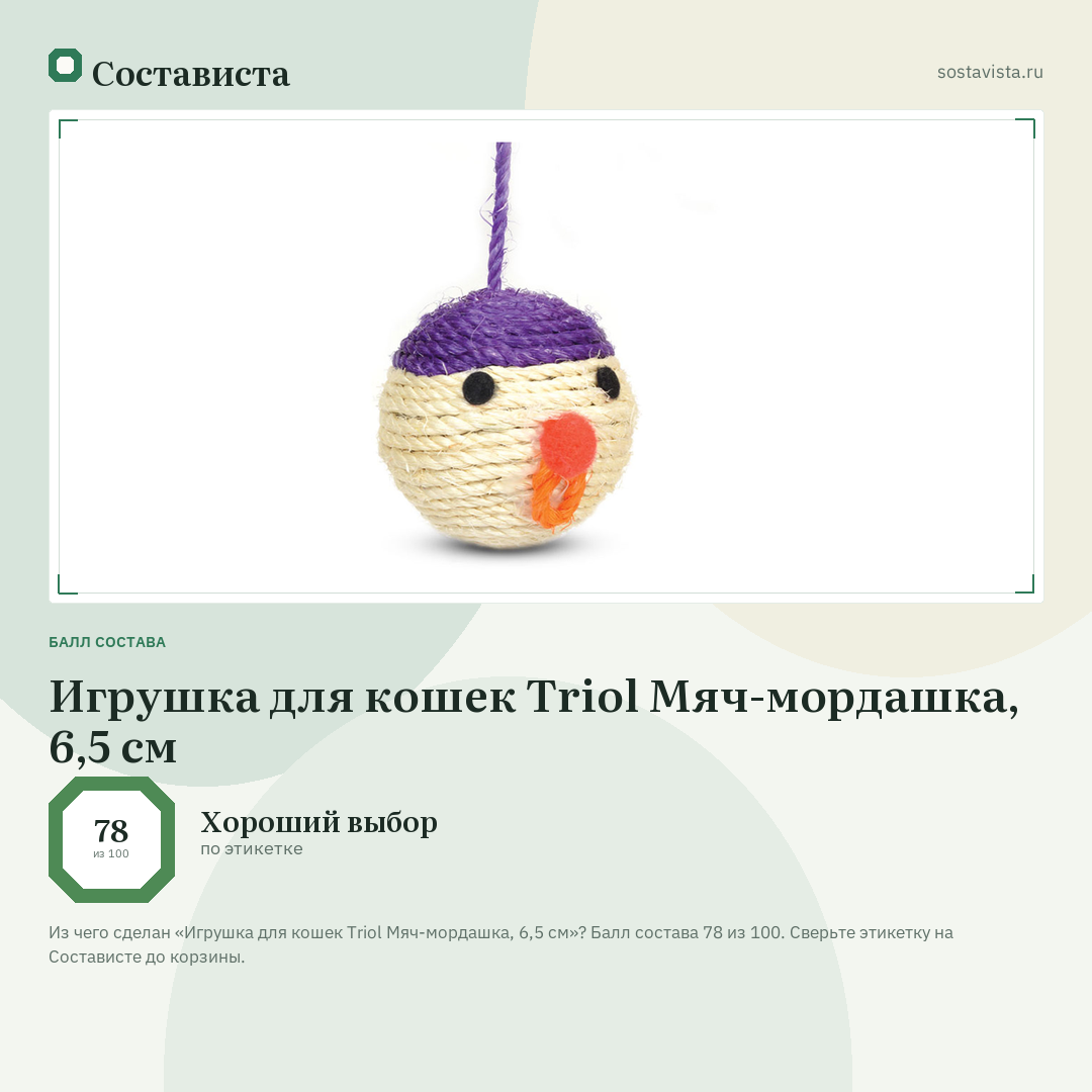 Игрушка для кошек Triol Мяч-мордашка, 6,5 см: балл состава 78 из 100 — Состависта