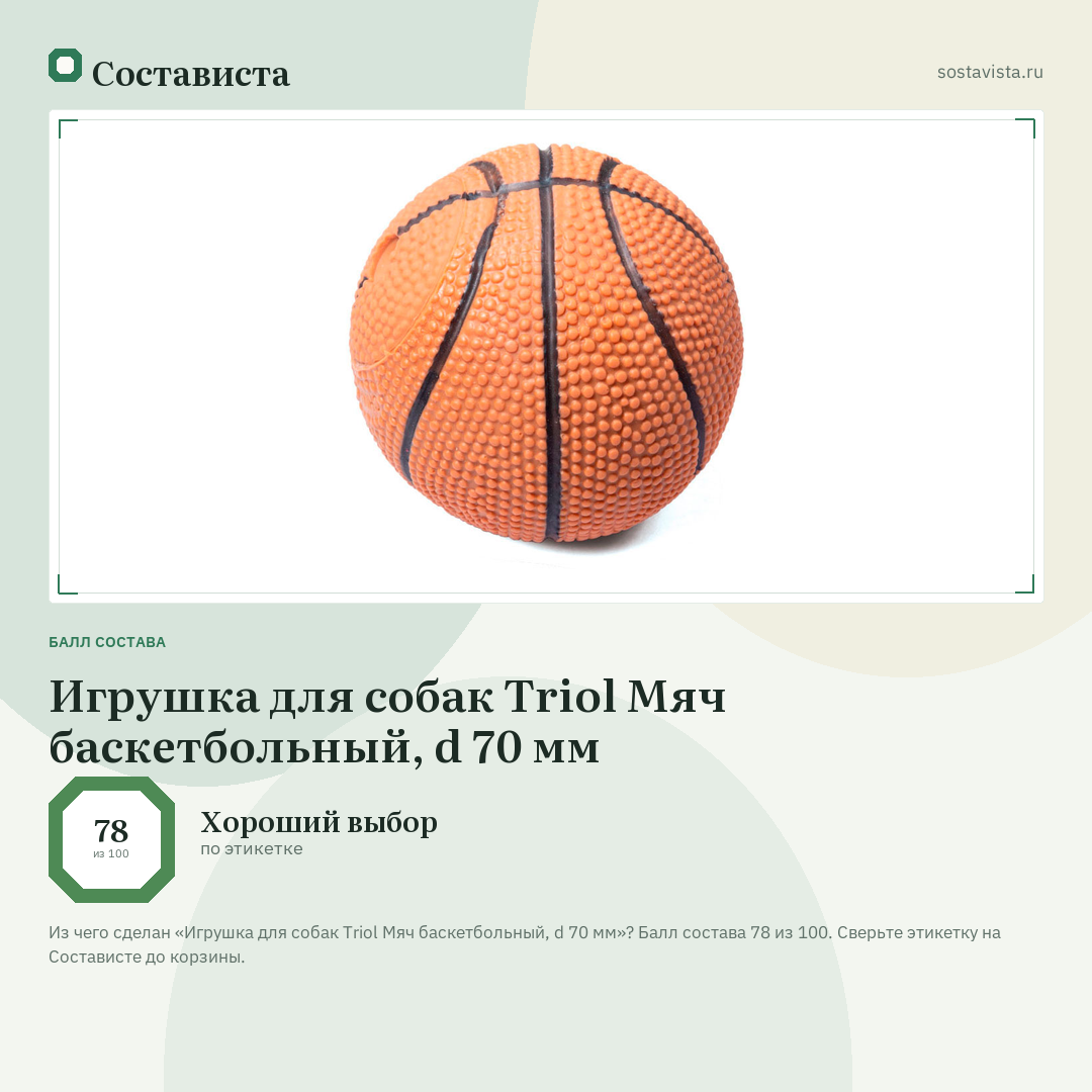 Игрушка для собак Triol Мяч баскетбольный, d 70 мм: балл состава 78 из 100 — Состависта