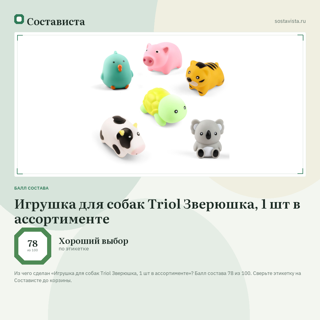 Игрушка для собак Triol Зверюшка, 1 шт в ассортименте: балл состава 78 из 100 — Состависта