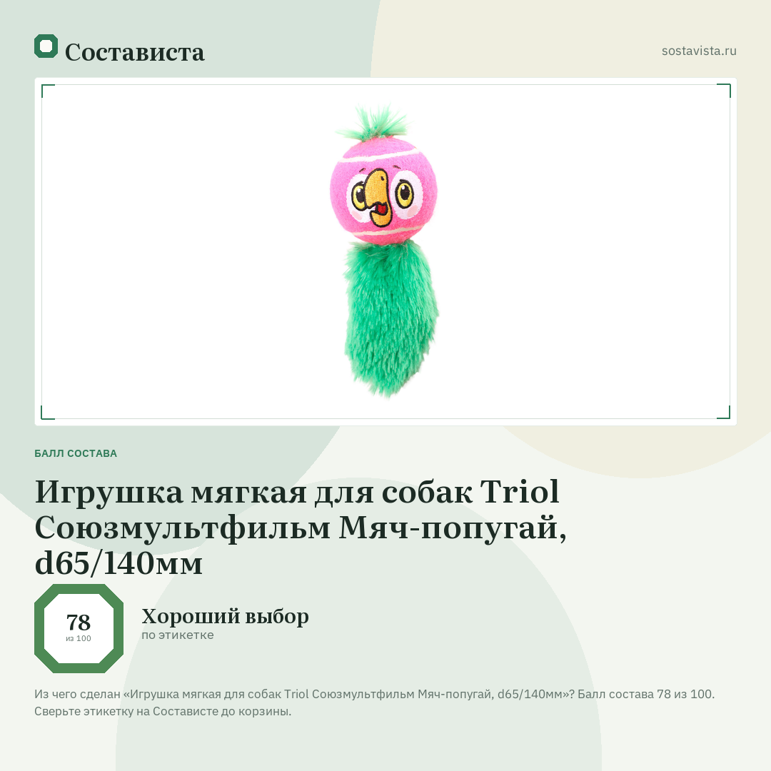 Игрушка мягкая для собак Triol Союзмультфильм Мяч-попугай, d65/140мм: балл состава 78 из 100 — Состависта
