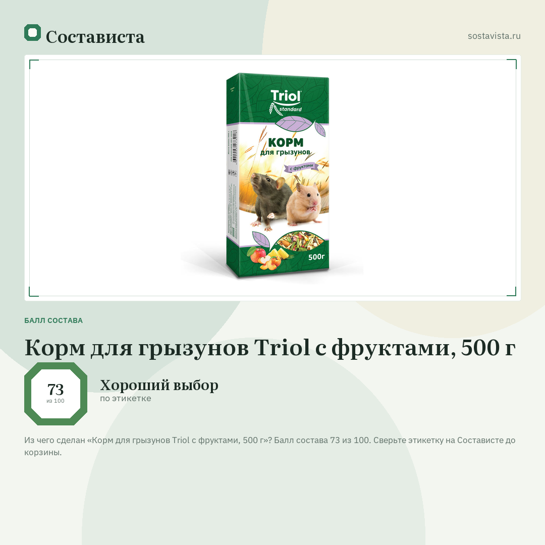 Корм для грызунов Triol с фруктами, 500 г: балл состава 73 из 100 — Состависта