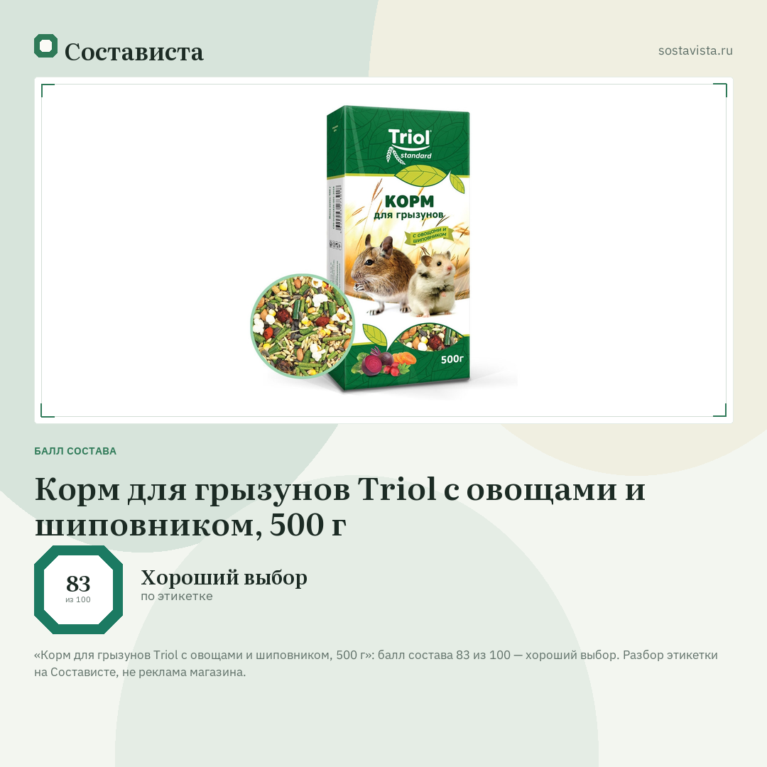 Корм для грызунов Triol с овощами и шиповником, 500 г: балл состава 83 из 100 — Состависта