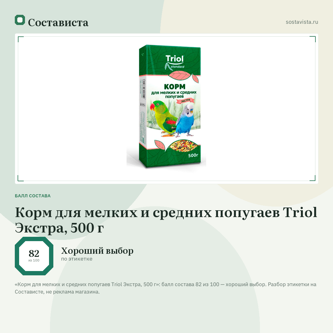 Корм для мелких и средних попугаев Triol Экстра, 500 г: балл состава 82 из 100 — Состависта