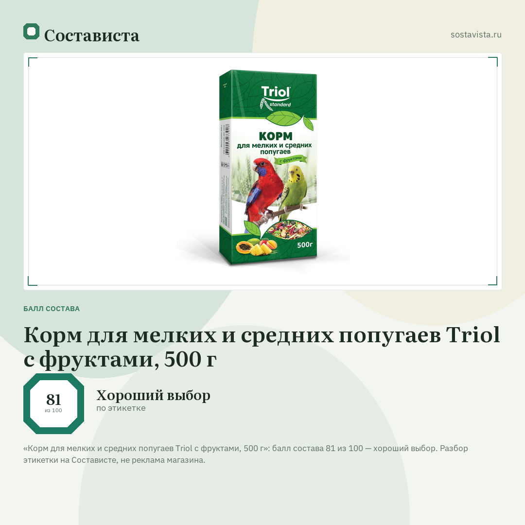 Корм для мелких и средних попугаев Triol с фруктами, 500 г: балл состава 81 из 100 — Состависта