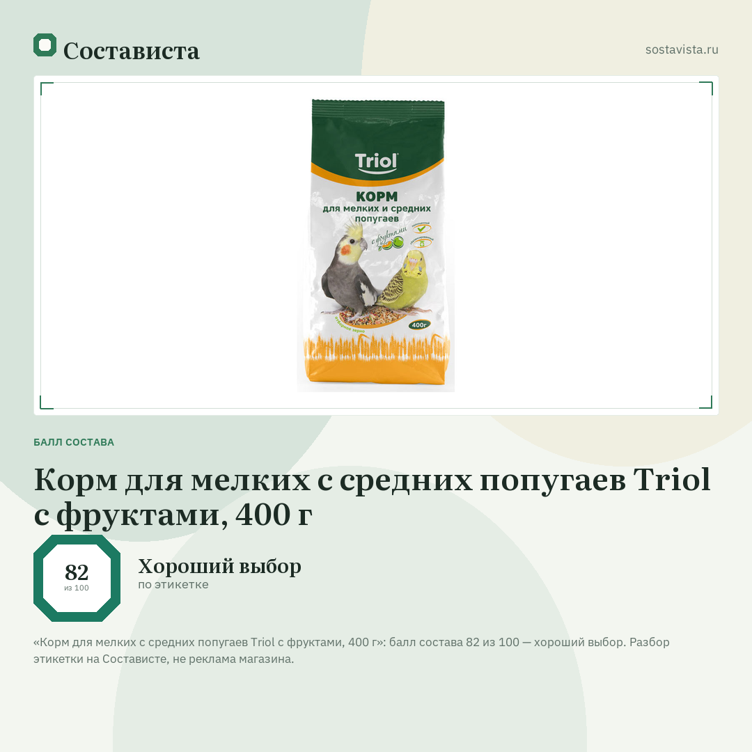 Корм для мелких с средних попугаев Triol с фруктами, 400 г: балл состава 82 из 100 — Состависта