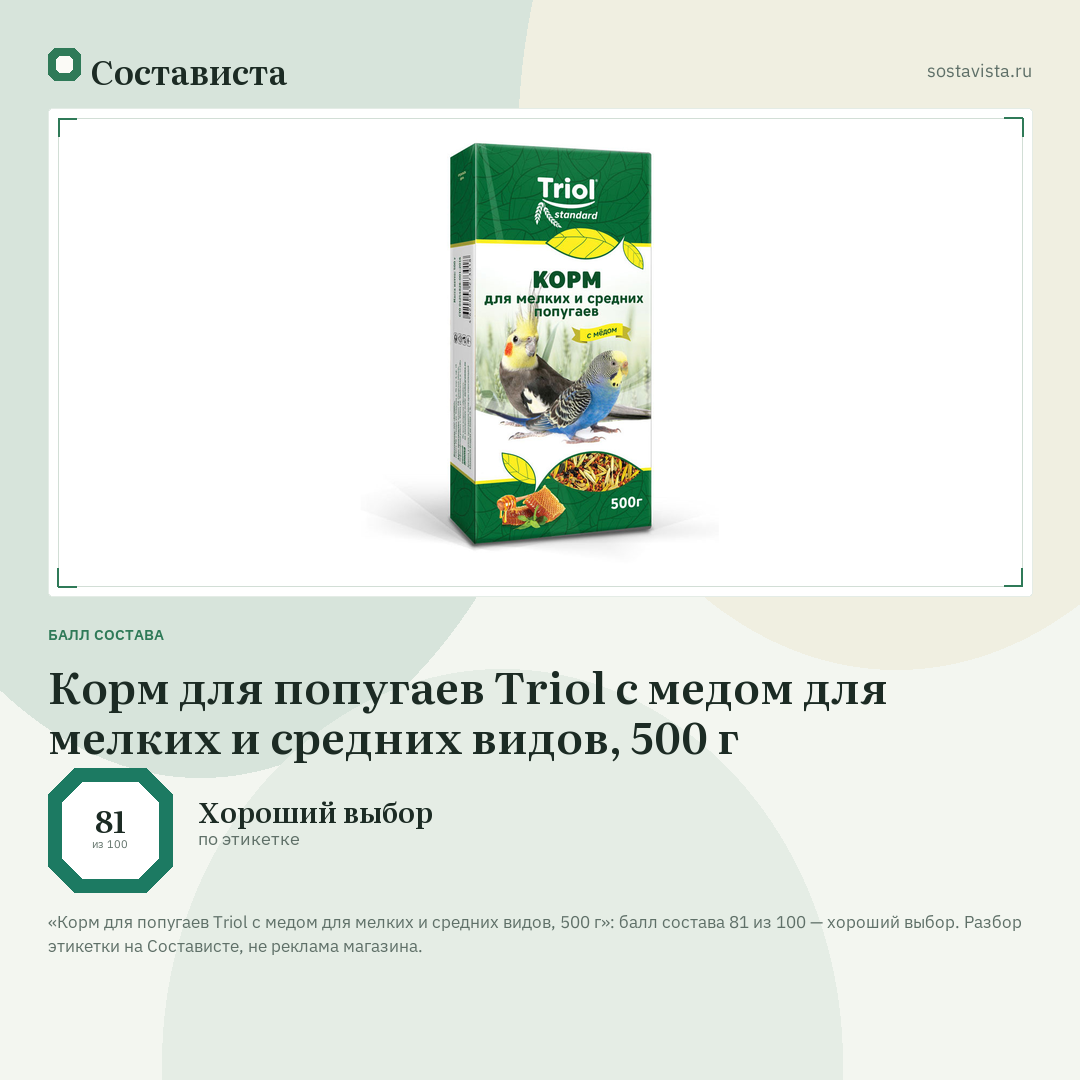 Корм для попугаев Triol с медом для мелких и средних видов, 500 г: балл состава 81 из 100 — Состависта