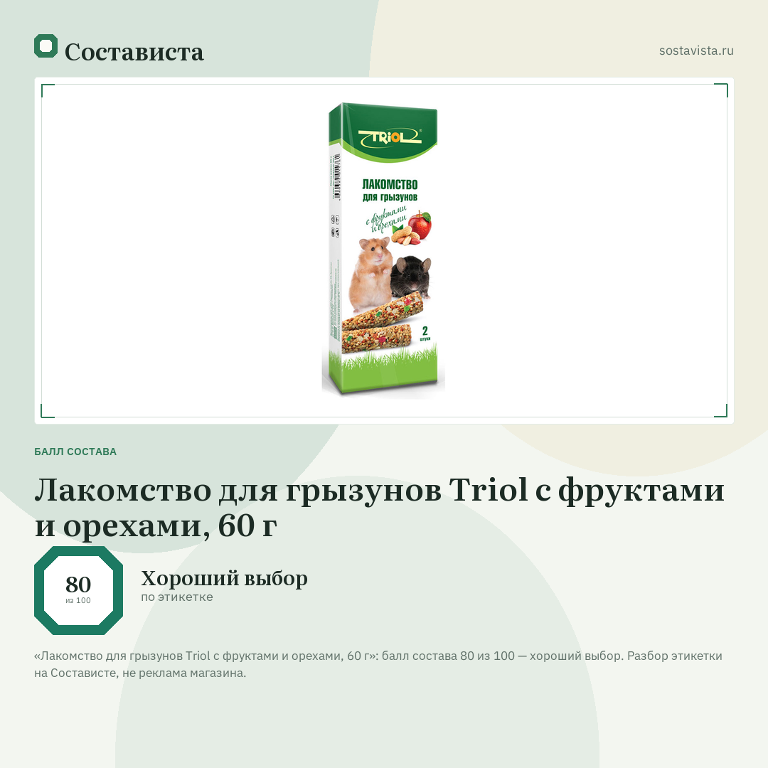 Лакомство для грызунов Triol с фруктами и орехами, 60 г: балл состава 80 из 100 — Состависта