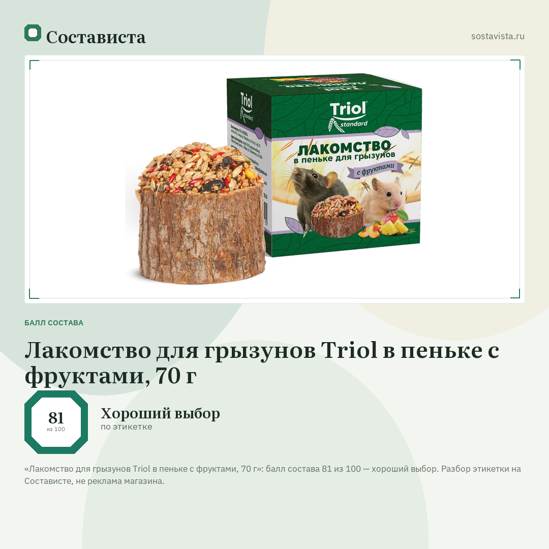 Лакомство для грызунов Triol в пеньке с фруктами, 70 г: балл состава 81 из 100 — Состависта