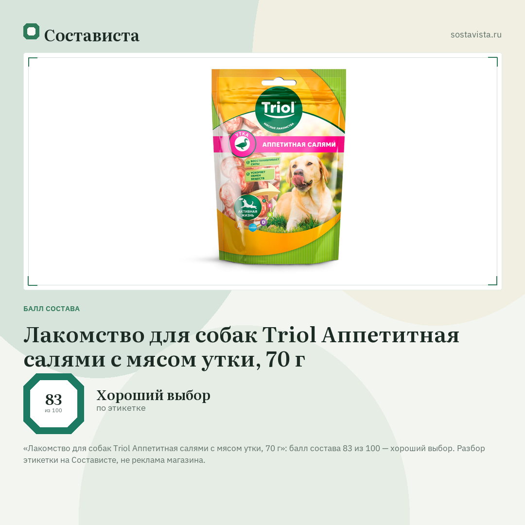 Лакомство для собак Triol Аппетитная салями с мясом утки, 70 г: балл состава 83 из 100 — Состависта