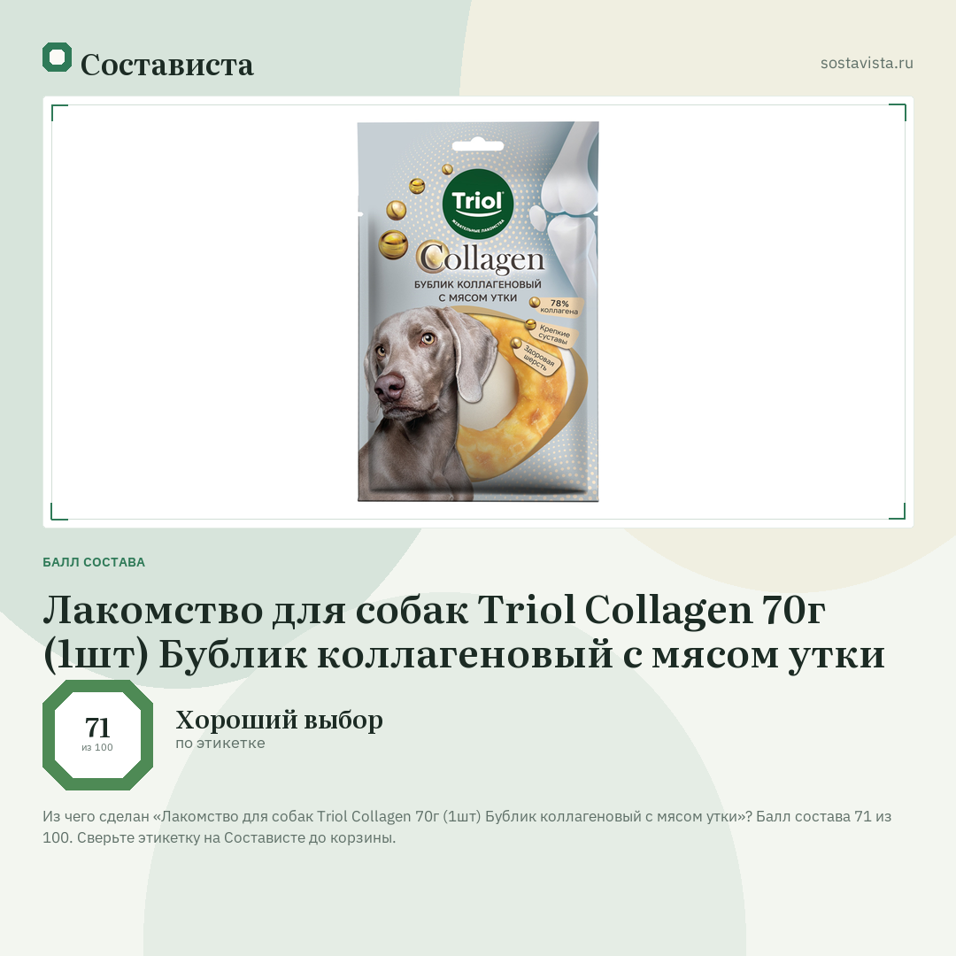 Лакомство для собак Triol Collagen 70г (1шт) Бублик коллагеновый с мясом утки: балл состава 71 из 100 — Состависта