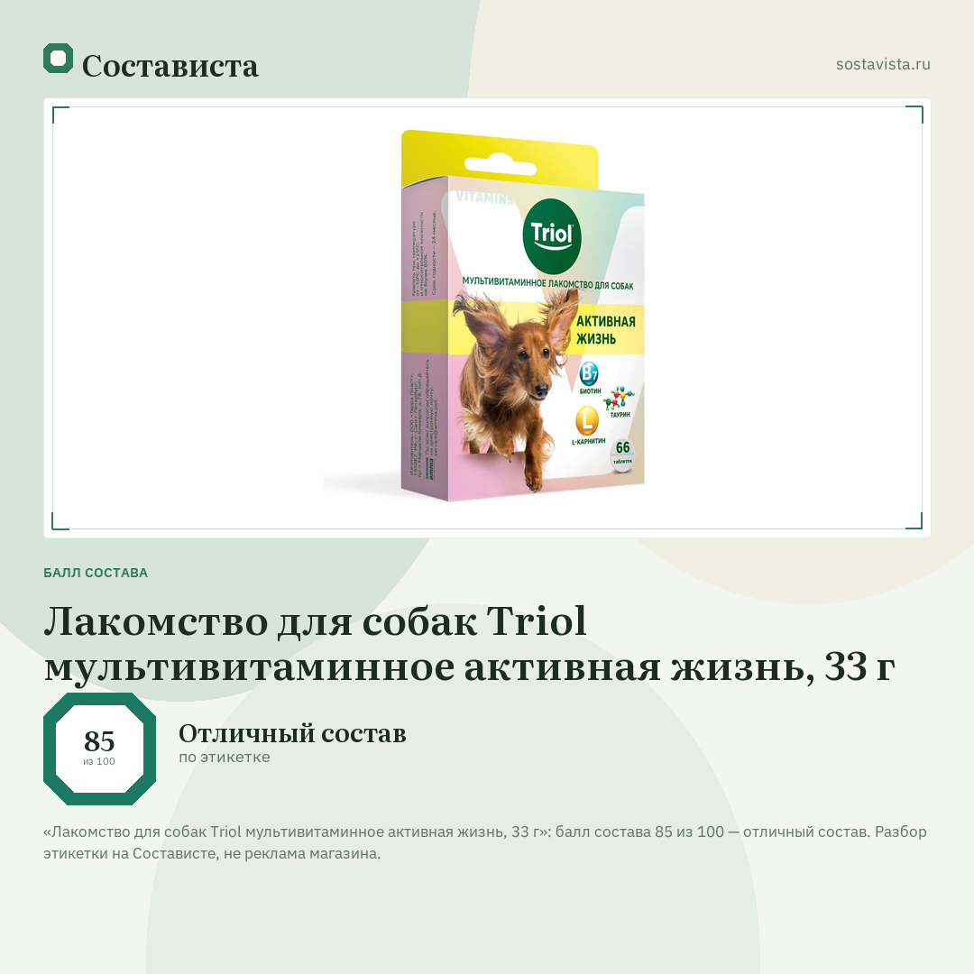 Лакомство для собак Triol мультивитаминное активная жизнь, 33 г: балл состава 85 из 100 — Состависта