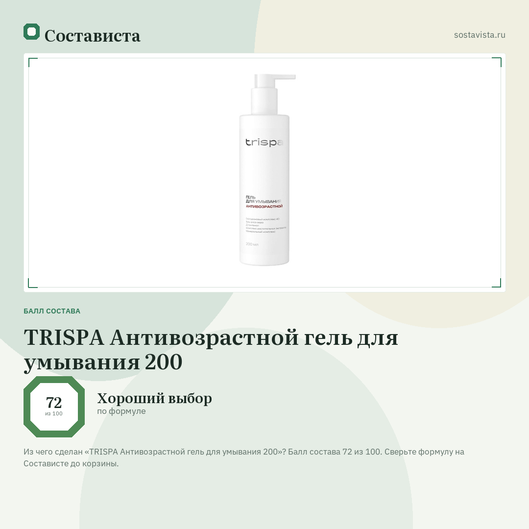 TRISPA Антивозрастной гель для умывания 200: балл состава 72 из 100 — Состависта