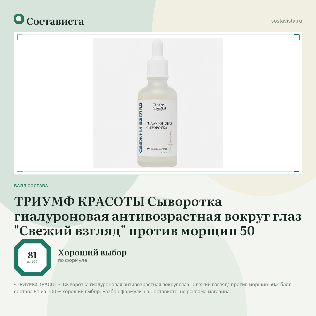ТРИУМФ КРАСОТЫ Сыворотка гиалуроновая антивозрастная вокруг глаз "Свежий взгляд" против морщин 50: балл состава 81 из 100 — Состависта