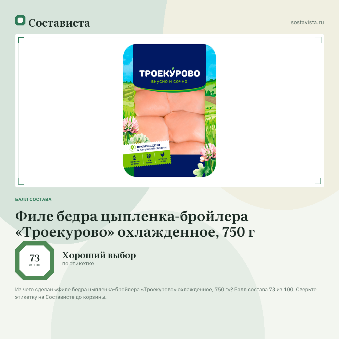Филе бедра цыпленка-бройлера «Троекурово» охлажденное, 750 г: балл состава 73 из 100 — Состависта