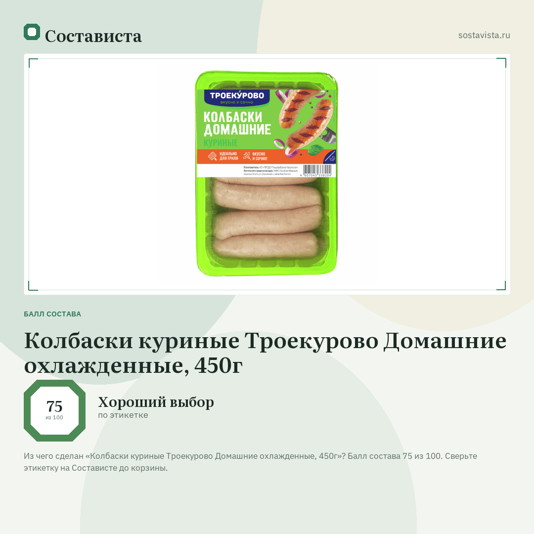 Колбаски куриные Троекурово Домашние охлажденные, 450г: балл состава 75 из 100 — Состависта