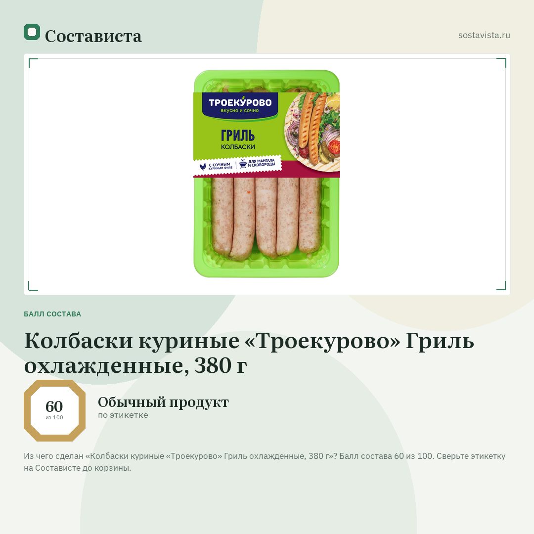 Колбаски куриные «Троекурово» Гриль охлажденные, 380 г: балл состава 60 из 100 — Состависта