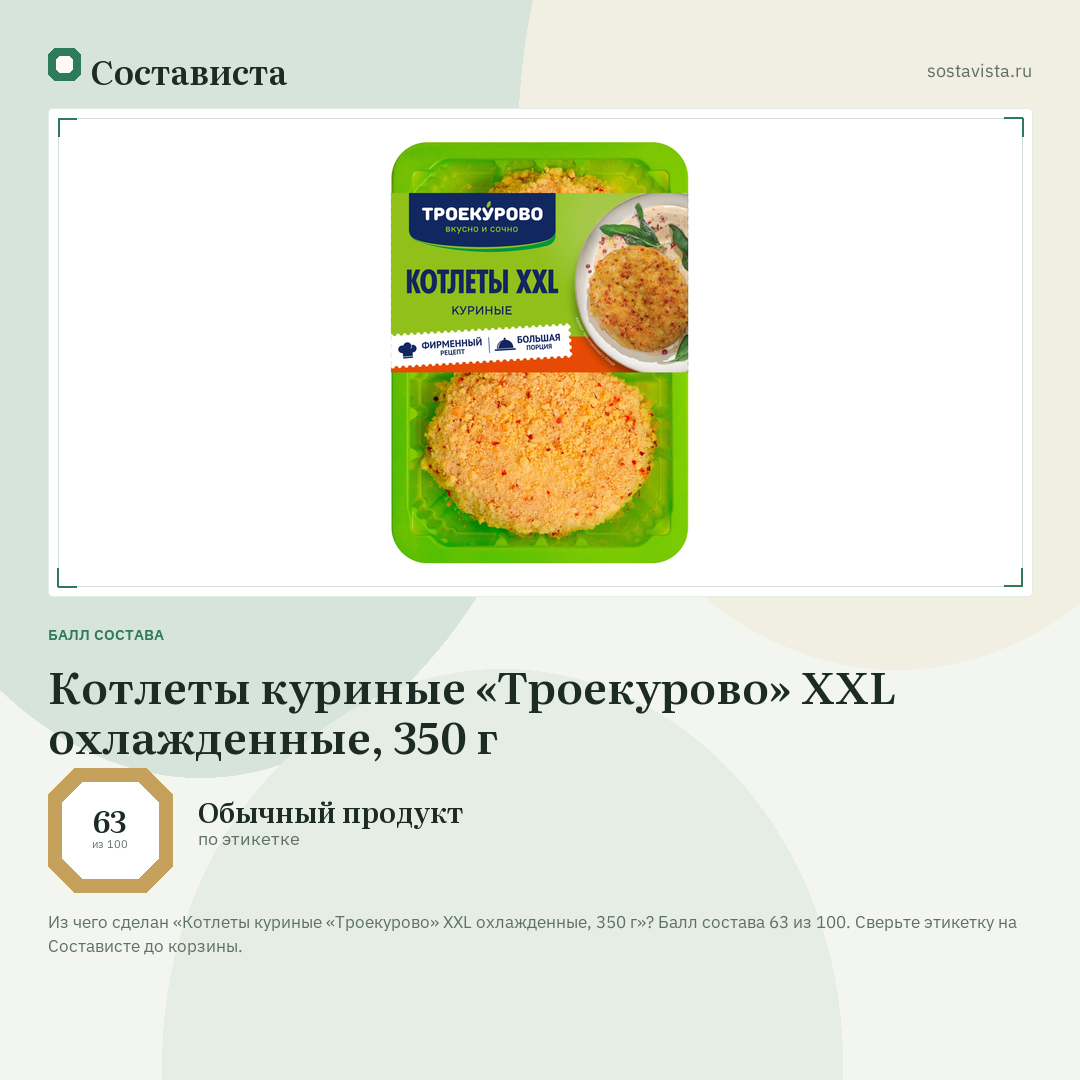 Котлеты куриные «Троекурово» XXL охлажденные, 350 г: балл состава 63 из 100 — Состависта