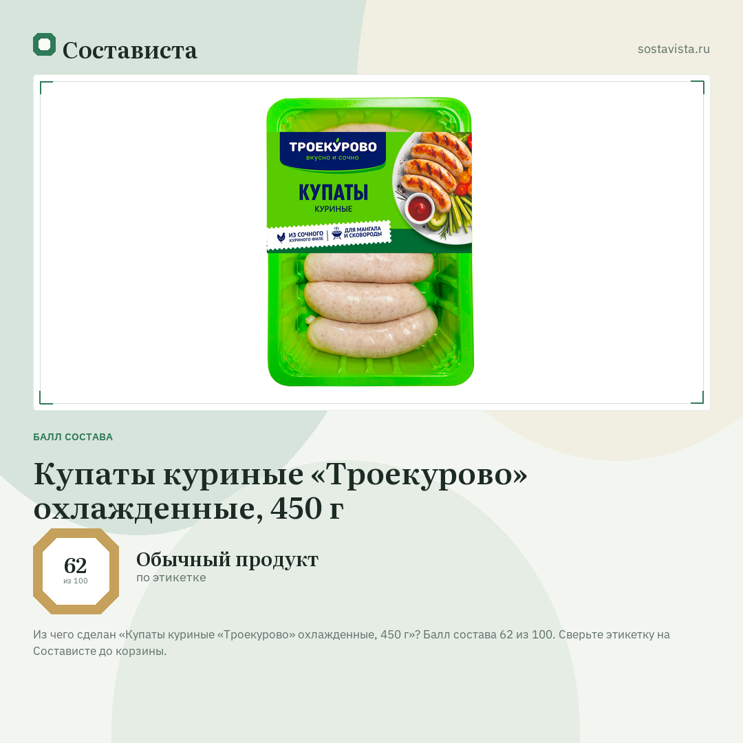Купаты куриные «Троекурово» охлажденные, 450 г: балл состава 62 из 100 — Состависта