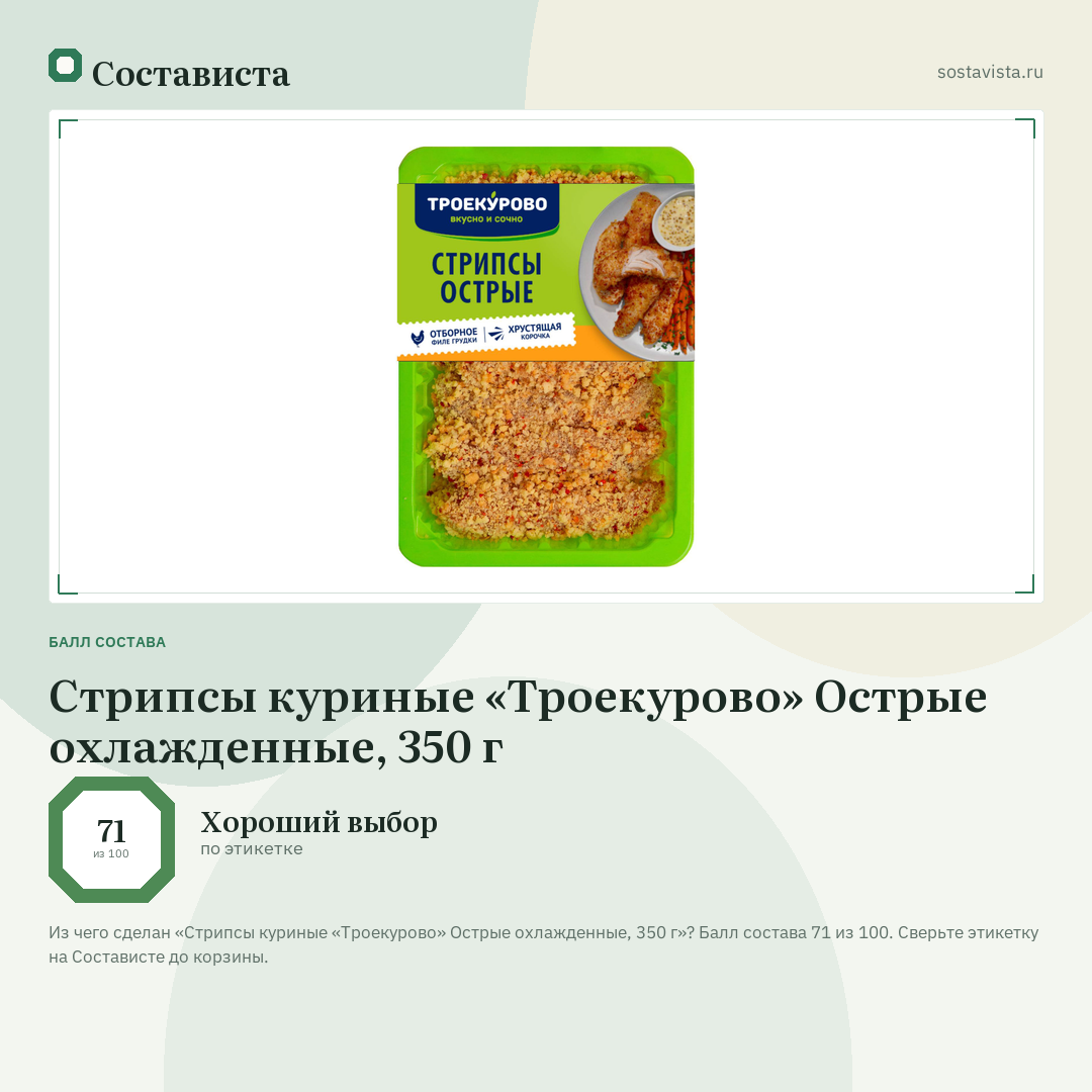Стрипсы куриные «Троекурово» Острые охлажденные, 350 г: балл состава 71 из 100 — Состависта
